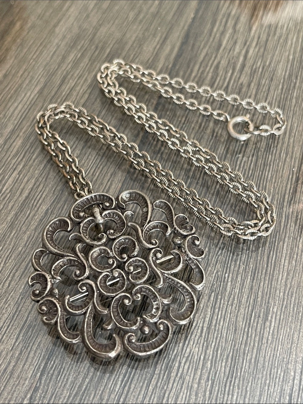 Vintage Pewter Colored Open Scrollwork Medallion Pendant - Pin